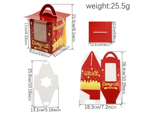 Detailed dimensions of red graduation cupcake box with cap handle and gold prints
