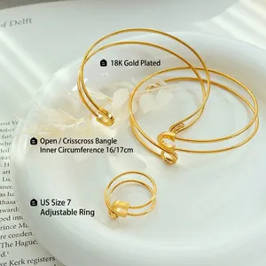 18K gold plated safety pin open bangle and adjustable ring jewelry set for women