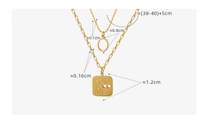 Detail of double-layer gold necklace showing You & Me square pendant and bead chain
