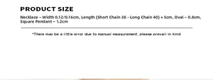 Size chart showing double-layered necklace length, chain width, and pendant dimensions