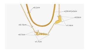 Detailed size specifications for the double-layered gold heart and love letter necklace