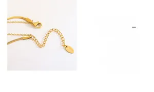 Close-up of gold double-layer necklace showing adjustable chain, lobster clasp and K18 tag
