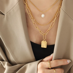 Vintage Titanium Steel Multi Layer Layered Necklace For Women Gold Silver Plated Face Pendant Freshwater Pearl Chain Necklace