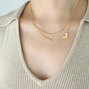 Double Layered Stainless Steel Necklace With Love Letter And Heart Pendant 18K Gold Plated Fashion Jewelry For Women