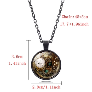 Steampunk mechanical gear pattern necklace with a round glass cabochon pendant