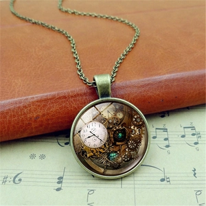 Detailed close-up of a steampunk gear clock pendant necklace on vintage sheet music background