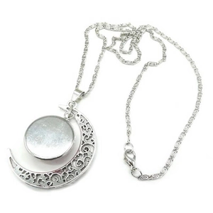 Silver hollow crescent moon necklace with DIY round tray pendant on twisted chain