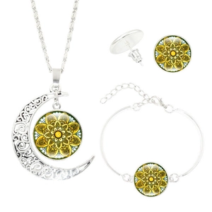 Detaillierte Ansicht des silbernen Mandala-Schmucksets mit gelben und grünen Glasmustern
