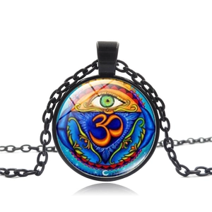 Collier Pendentif Yoga Om Mauvais Œil Alliage De Zinc Verre Bijoux Mandala Spirituel Rétro Pour Hommes Femmes
