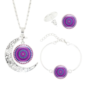 Dreiteiliges Mandala-Schmuckset aus Silber mit Halskette Armband und Ohrringen im Boho-Stil