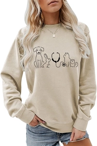 Detail of minimalist pet themed prints on a beige crewneck sweatshirt for animal lovers