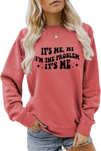 Detail des hochwertigen ziegelroten Sweatshirts mit It's me hi i'm the problem Aufdruck