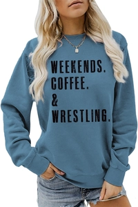 Detail of greyish-blue crewneck sweatshirt with WEEKENDS COFFEE and WRESTLING print