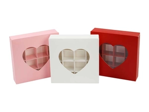 Three-color heart window chocolate gift boxes with 6-compartment dividers
