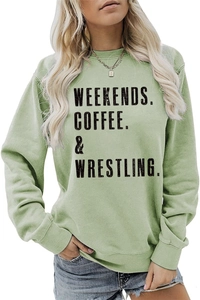 Detail of sage green oversized sweatshirt featuring black WEEKENDS COFFEE & WRESTLING print
