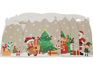 Dettaglio delle scatole di caramelle natalizie con motivi di renne e Babbo Natale