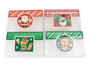 Detailed view of large transparent Christmas gift boxes with festive cartoon characters