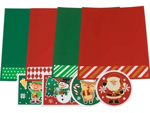 Detailed view of thick Christmas cardstock sets with Santa and reindeer stickers