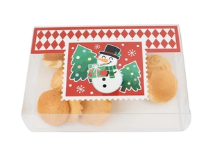 Macro detail of Christmas gift box with snowman illustration and festive butter cookies