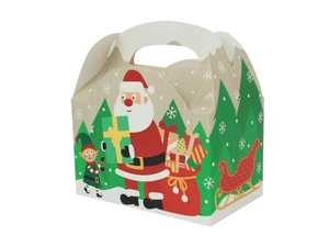 Dettaglio della scatola regalo natalizia in carta con illustrazioni di Babbo Natale