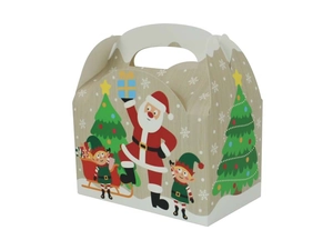 Dettaglio della scatola regalo di Natale con illustrazioni vintage di Babbo Natale e alberi