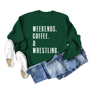Flat lay of green sweatshirt with WEEKENDS COFFEE WRESTLING print and ribbed cuffs