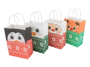 Close-up of four Christmas kraft gift bags featuring Santa, snowman, penguin and reindeer designs