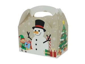 Dettaglio scatola regalo natalizia con pupazzo di neve e motivi festivi in cartoncino