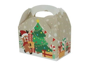 Dettaglio della scatola regalo di Natale in cartone con motivi di renne e alberi