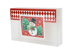 Macro view of transparent PVC Christmas gift box featuring snowman and festive patterns