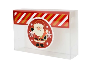 Clear PVC Christmas gift box with festive red stripes and Santa Claus illustration
