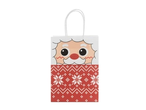 Detail of Christmas kraft gift bag featuring cartoon Santa Claus and snowflake pattern