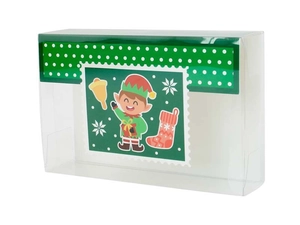 Detailed view of clear PVC Christmas gift box with festive elf illustrations and red-green dots