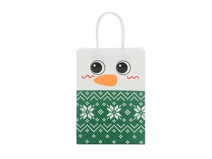 Close-up of snowman face design on Christmas paper gift bag with white rope handles