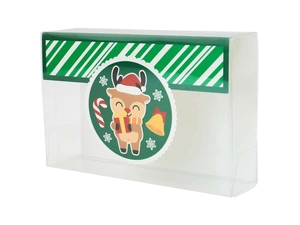 Macro shot of large transparent Christmas cookie box with festive reindeer and green stripes