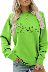 Detail view of neon green crewneck sweatshirt with minimalist black pet vet graphic