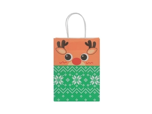 Detail of Christmas reindeer kraft gift bag with white rope handle and festive pattern