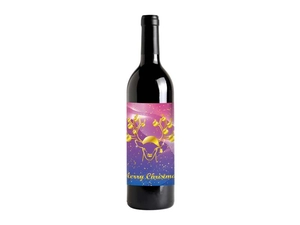 Close-up of premium purple wine label with gold reindeer and Merry Christmas text
