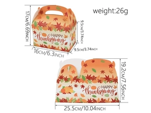 Flat and assembled Thanksgiving gift box with maple leaf patterns and size details