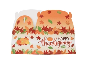 Close-up of Thanksgiving gift box featuring festive pumpkin and maple leaf patterns