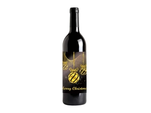 Detail of luxury gold foil wine label with Christmas ornaments and Merry Christmas text