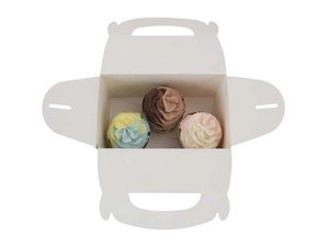 Detailed top view of white 3-cavity cupcake gift box with sturdy handles and inserts
