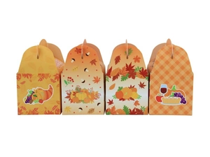 Set of four autumn gift boxes featuring pumpkins and maple leaves for Thanksgiving treats