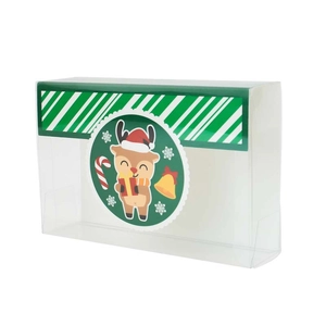 Clear PVC Christmas gift box with reindeer sticker and green striped sealing tape