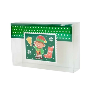 Clear PVC Christmas gift box for cookies with festive elf and snowflake card design