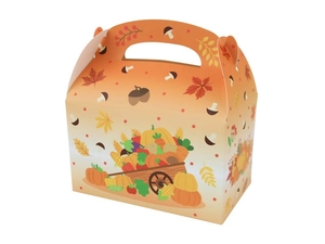 Detail of harvest gift box with pumpkin and maple leaf patterns for Thanksgiving