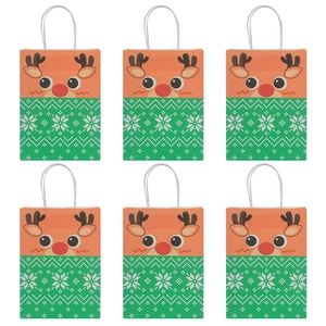 Set of 6 Christmas kraft paper gift bags with reindeer design and cotton handles