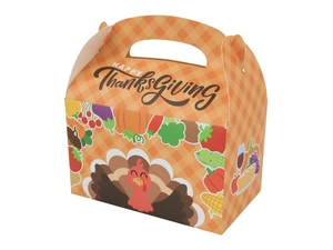 Detail view of Thanksgiving gift box with turkey pattern and orange checkered design