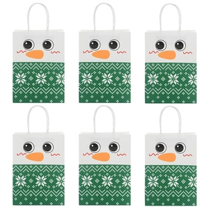 Set of 6 Christmas snowman kraft paper gift bags with green snowflake patterns and handles