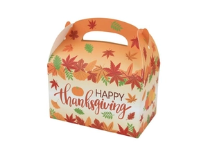 Detail view of Happy Thanksgiving gift box with autumn leaves, pumpkin prints and handle